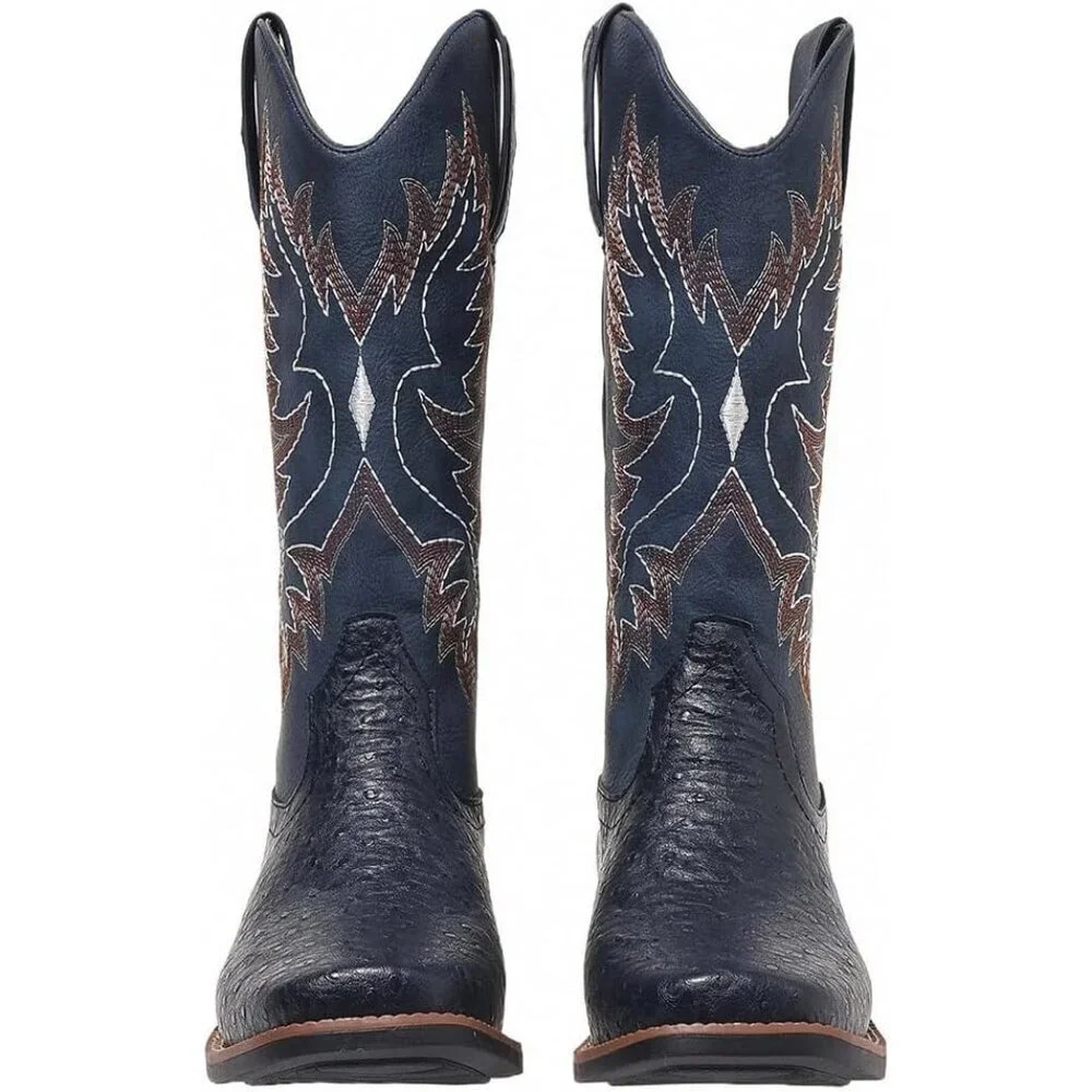 Women Blue Western Cowboy Boots for  Mid Calf Cowgirl Boot Snip Toe Chunky Heel